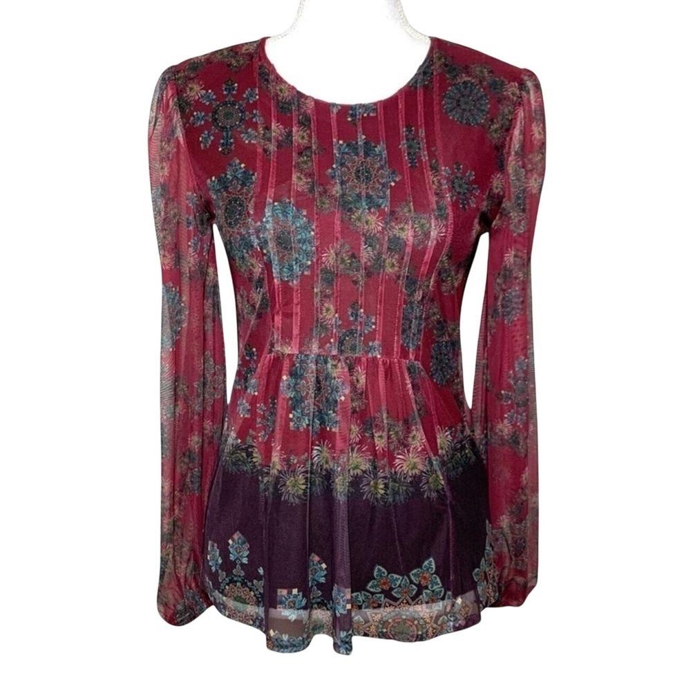 Desigual Boho Floral Pleated Long Sleeve Mesh Blouse Women's Euro XS NWOT